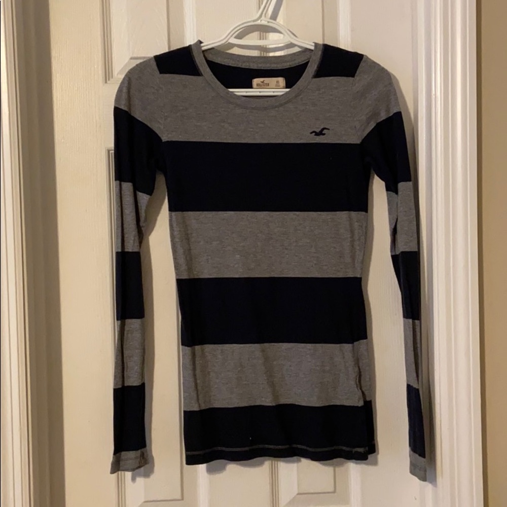 Navy blue and grey striped long sleeve shirt